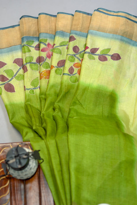 Green Handloom Tussar Saree With Stitched Blouse