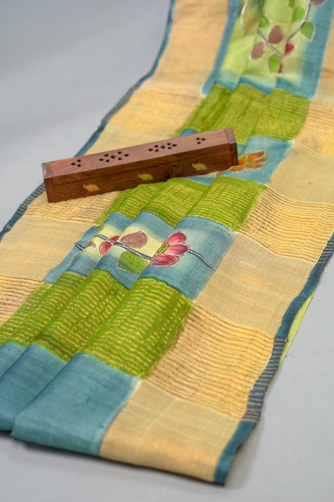 Green Handloom Tussar Saree With Stitched Blouse