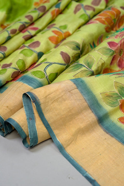 Green Handloom Tussar Saree With Stitched Blouse