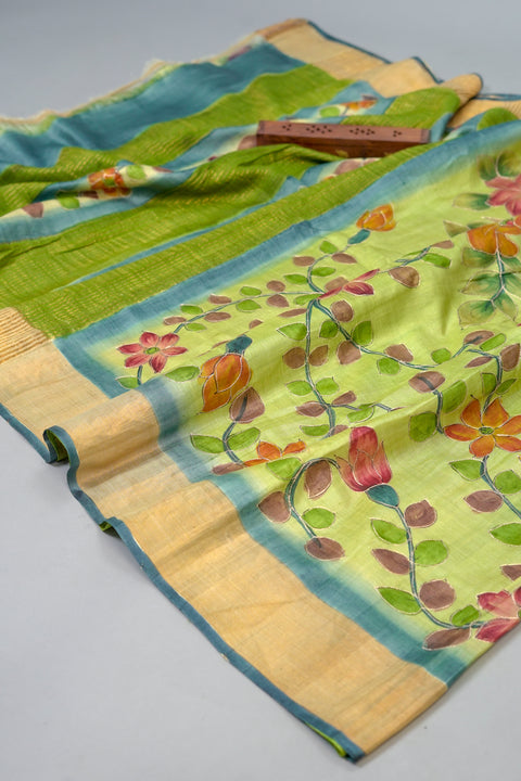 Green Handloom Tussar Saree With Stitched Blouse