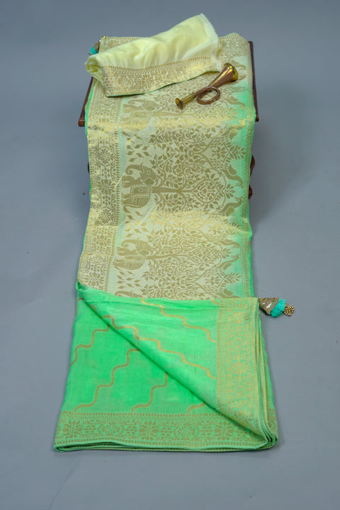 Sea Green and White Moonga Silk Saree