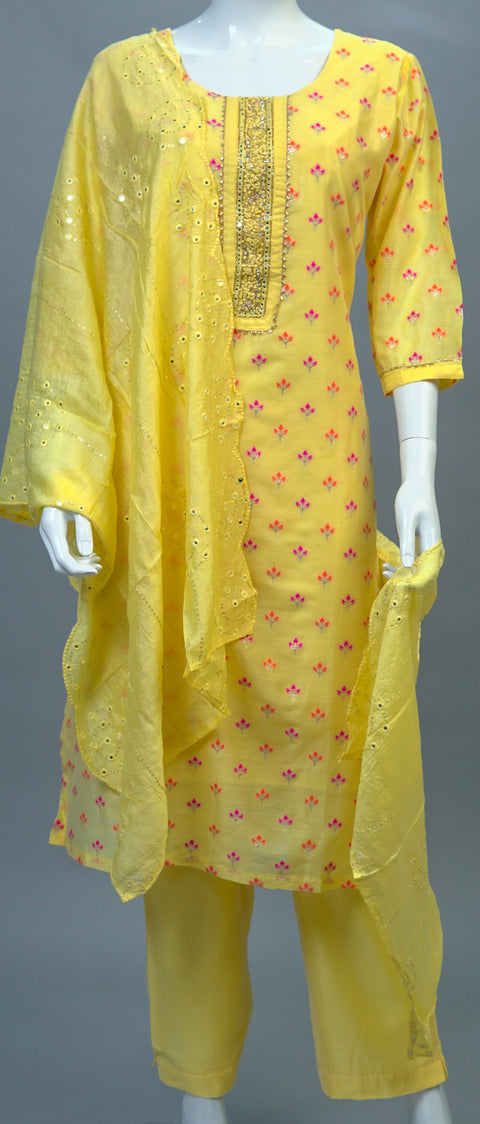 Yellow Chanderi Kurta, Pants and Dupatta set
