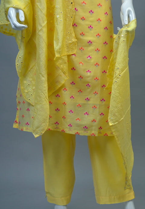 Yellow Chanderi Kurta, Pants and Dupatta set