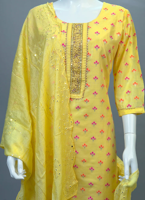 Yellow Chanderi Kurta, Pants and Dupatta set