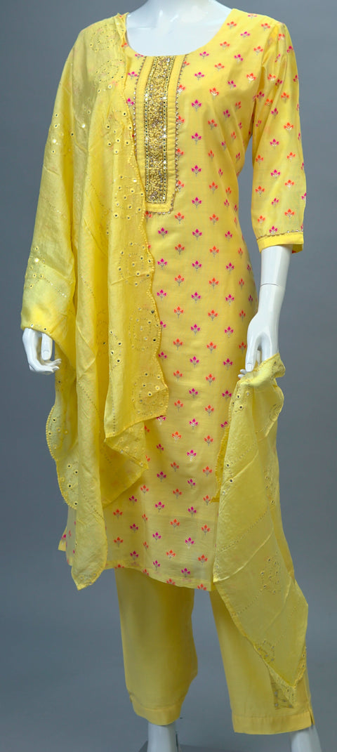 Yellow Chanderi Kurta, Pants and Dupatta set