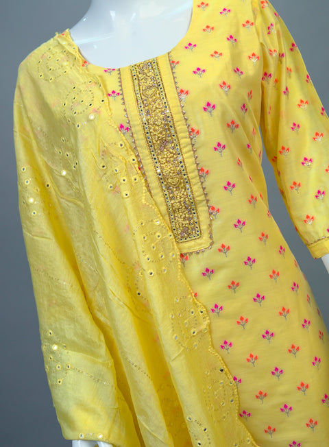 Yellow Chanderi Kurta, Pants and Dupatta set