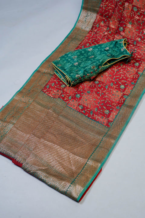 Rust & Green Chanderi Cotton Saree
