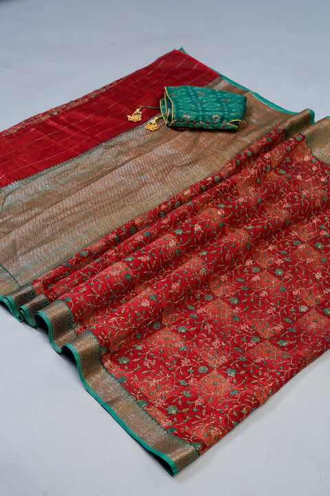 Rust & Green Chanderi Cotton Saree