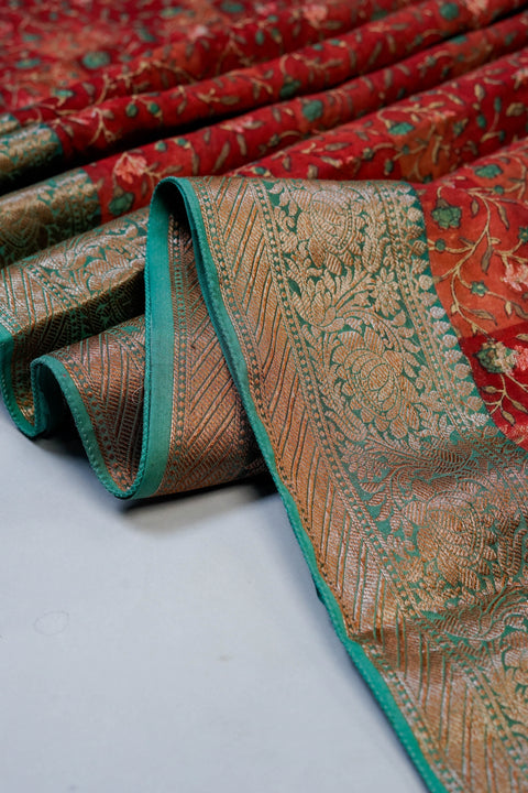 Rust & Green Chanderi Cotton Saree