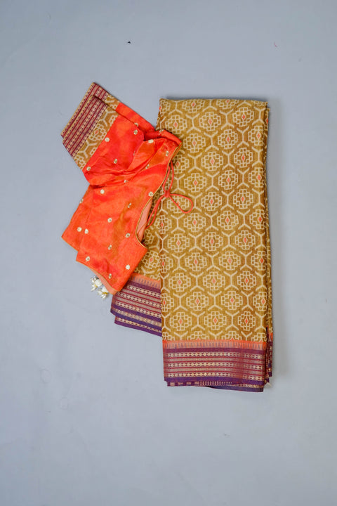 Golden and Orange Linen Saree