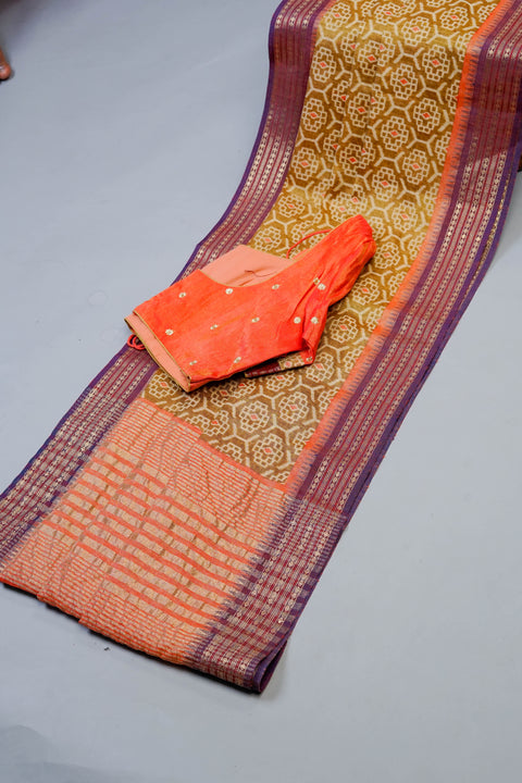 Golden and Orange Linen Saree