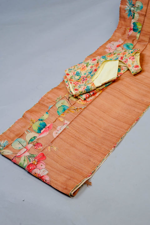 Floral Brown and Cream Jute Linen Saree