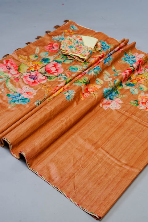 Floral Brown and Cream Jute Linen Saree