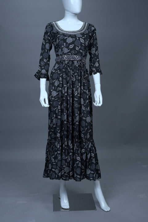 Black Floral A-Line Kurti with Belt