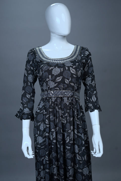 Black Floral A-Line Kurti with Belt