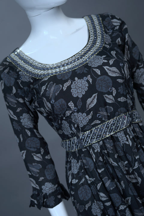 Black Floral A-Line Kurti with Belt
