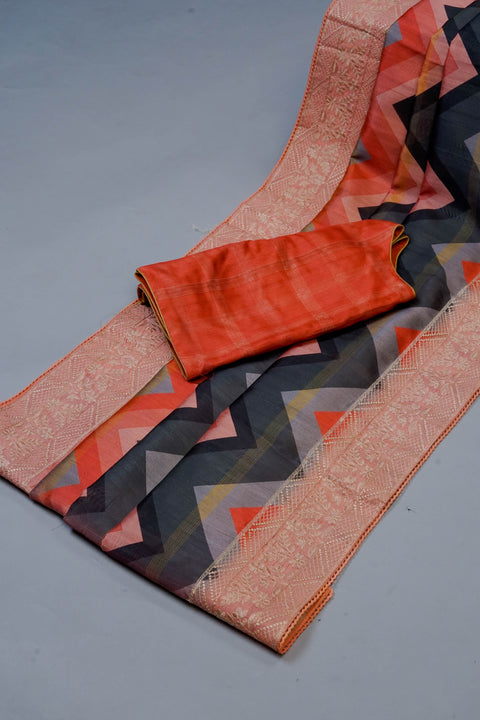 Orange and Black Tussar Saree