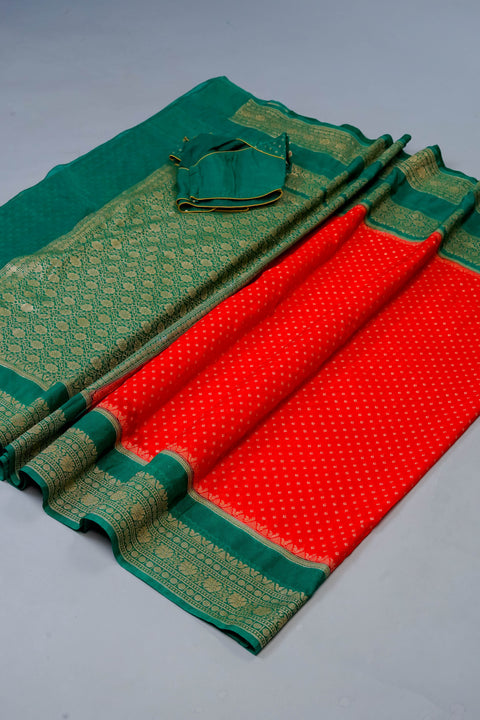 Red and Green Georgette Banaras Saree