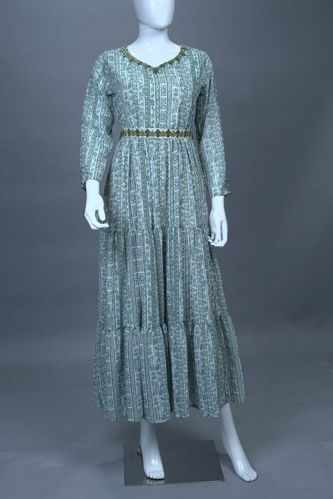 Sea Green and White Long A-Line Kurta