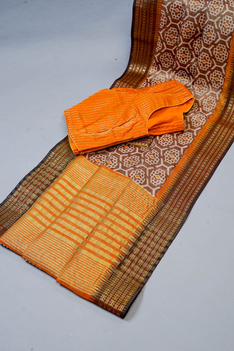 Brown and Yellow Tissue Saree