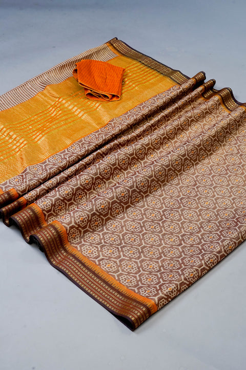 Brown and Yellow Tissue Saree