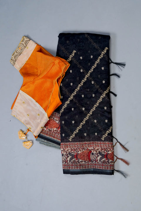 Black Chanderi Cotton Saree