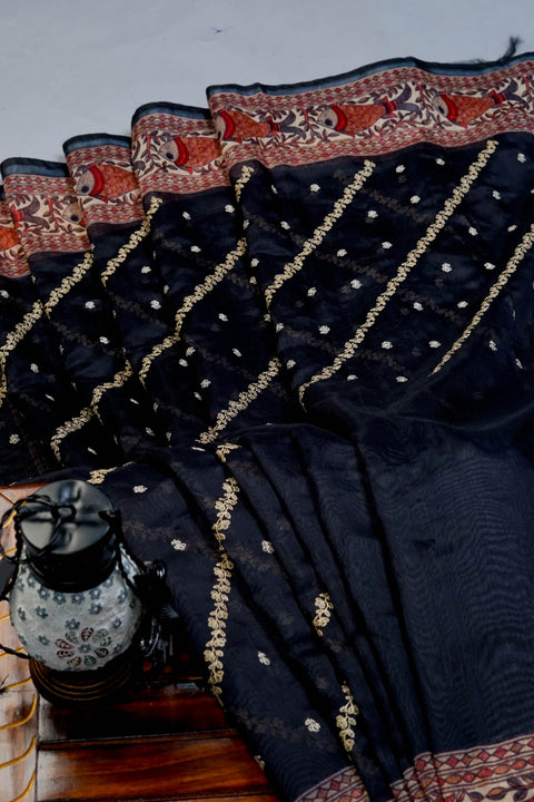 Black Chanderi Cotton Saree