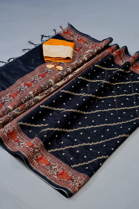 Black Chanderi Cotton Saree