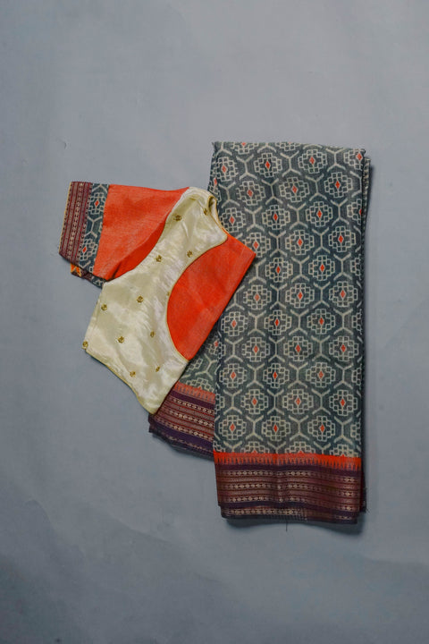 Blue and Orange Tissue Saree