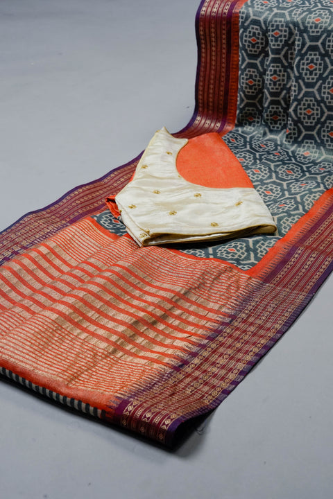Blue and Orange Tissue Saree