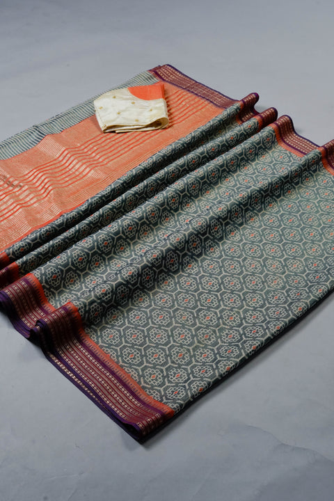 Blue and Orange Tissue Saree
