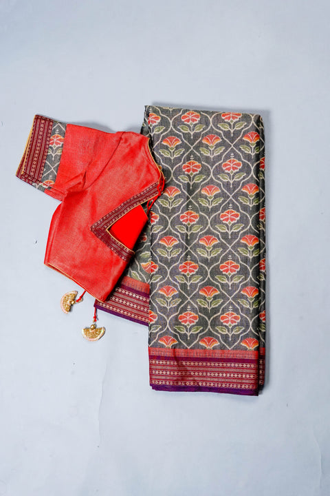 Black and Orange Linen Tissue Saree