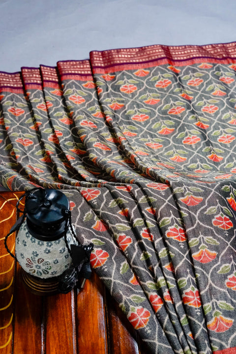 Black and Orange Linen Tissue Saree