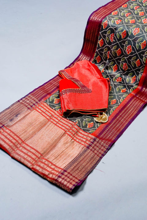 Black and Orange Linen Tissue Saree