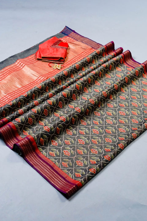 Black and Orange Linen Tissue Saree