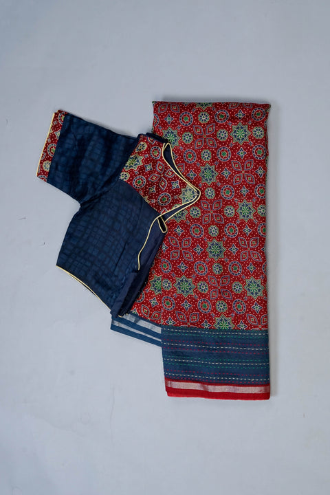 Red & Blue Chanderi Cotton Saree