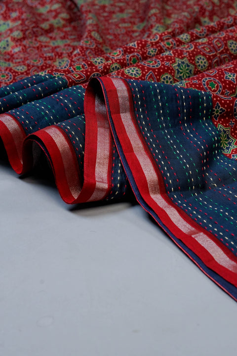 Red & Blue Chanderi Cotton Saree