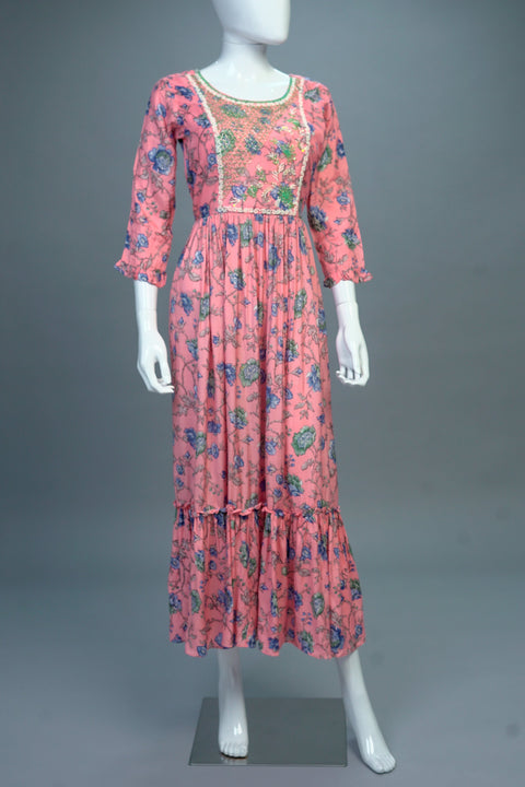 Peach Floral A-Line Kurti