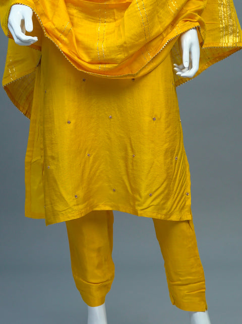 Yellow & Maroon Embroidery Kurta, Pants and Dupatta set