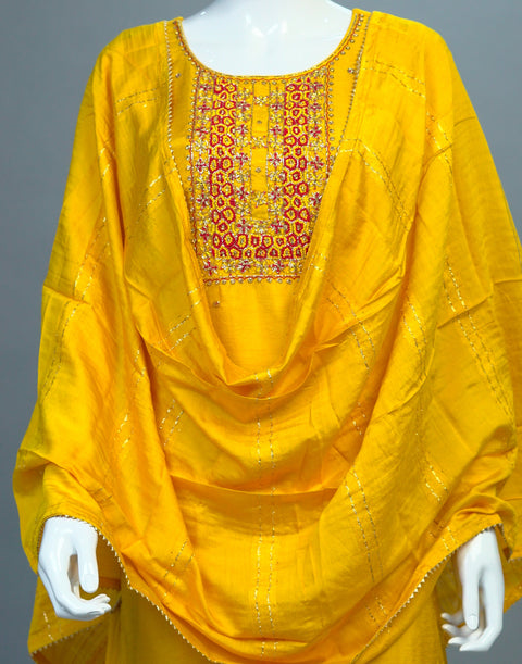 Yellow & Maroon Embroidery Kurta, Pants and Dupatta set