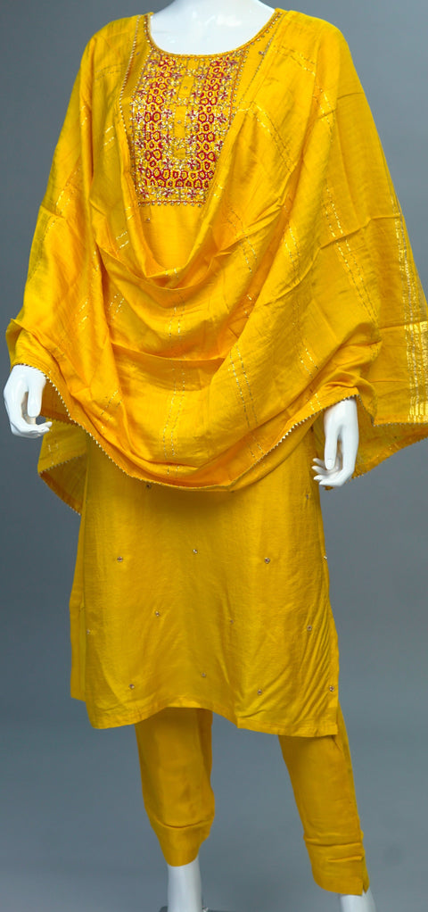Yellow & Maroon Embroidery Kurta, Pants and Dupatta set