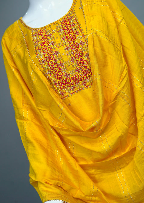 Yellow & Maroon Embroidery Kurta, Pants and Dupatta set