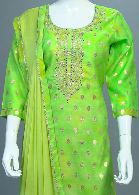 Green Chanderi Crepe Kurta, Pants and Dupatta set
