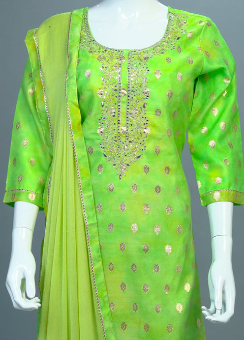Green Chanderi Crepe Kurta, Pants and Dupatta set