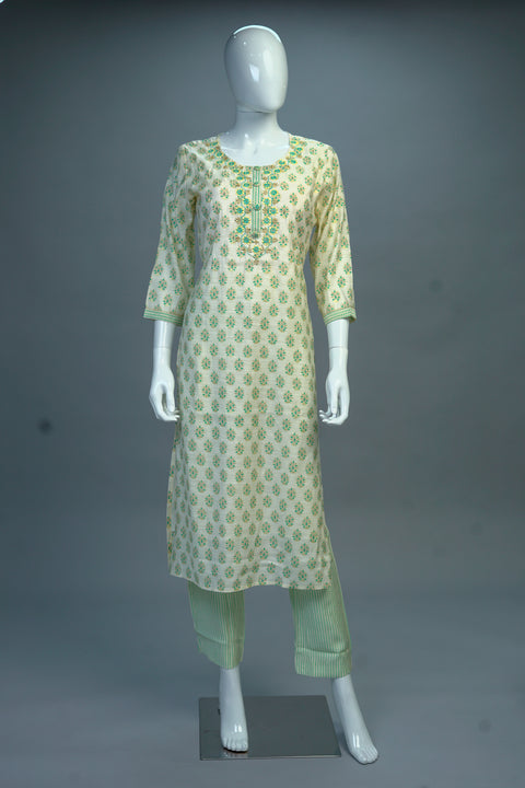 Cream & Blue Kurta & Pant Set