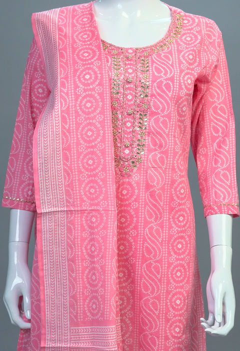 Pink Cotton Kurta, Pants and Dupatta set