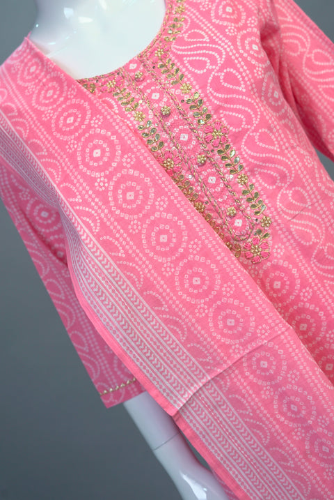 Pink Cotton Kurta, Pants and Dupatta set
