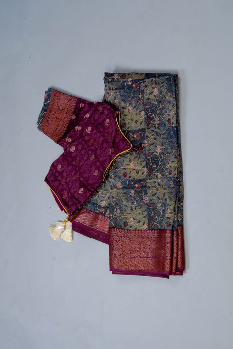 Grey and Purple Chanderi Cotton Saree