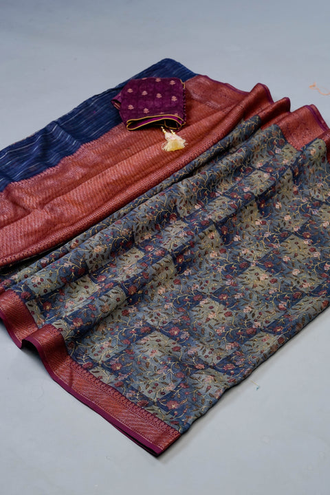 Grey and Purple Chanderi Cotton Saree