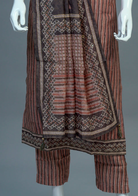 Brown & Black Chanderi Kurta, Pants and Dupatta set